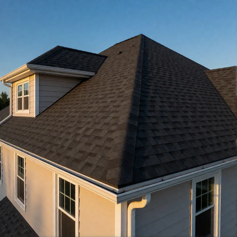 A completed architectural shingle roof on a Woodside two-family house, with new ridge venting and valley metal