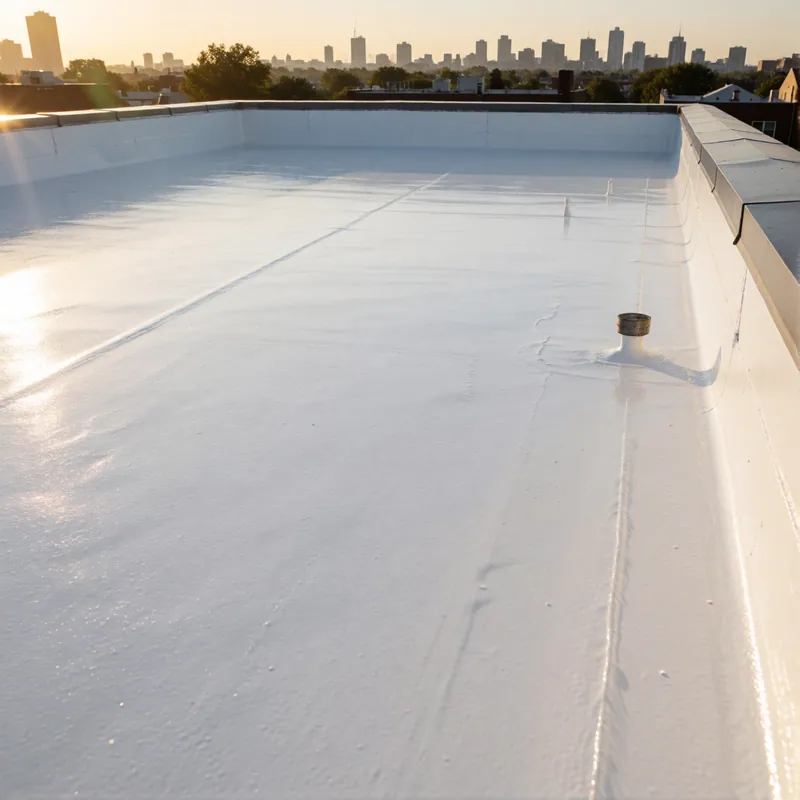 A flat commercial roof finished with a reflective white coating, with all drains reset and detailed