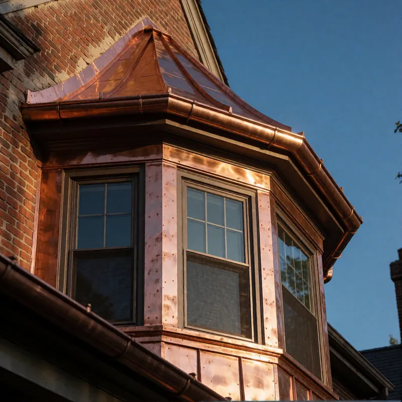New copper on a bay-window roof, hand-formed and seamed on site to match the original
