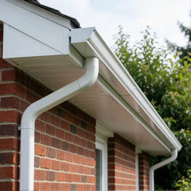 Seamless aluminium gutters and new fascia along the full run of a brick row house
