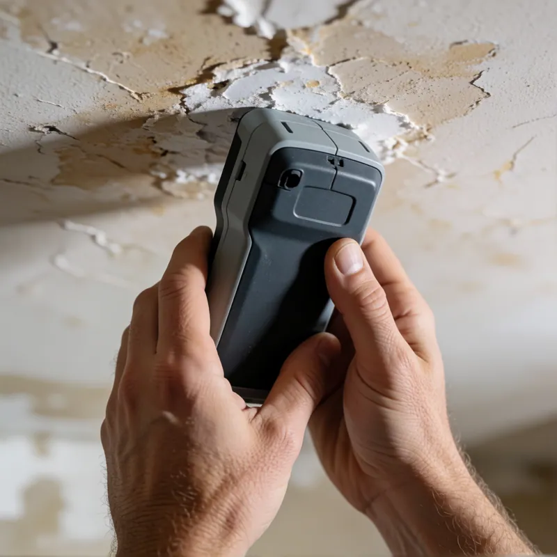 Checking a damp ceiling with a moisture meter after a roof leak in Woodside, NY