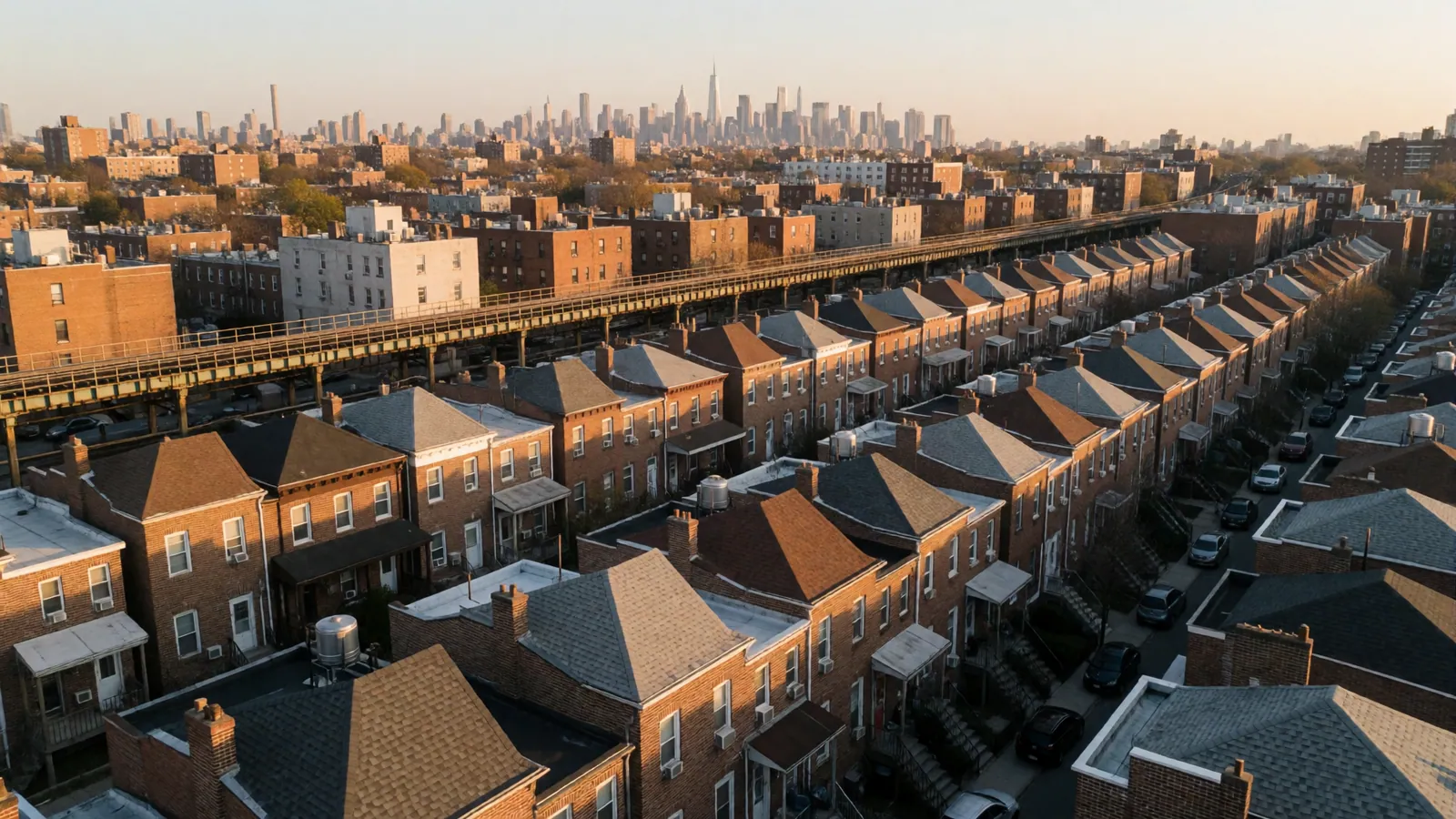 Rooftops across Woodside and western Queens at golden hour