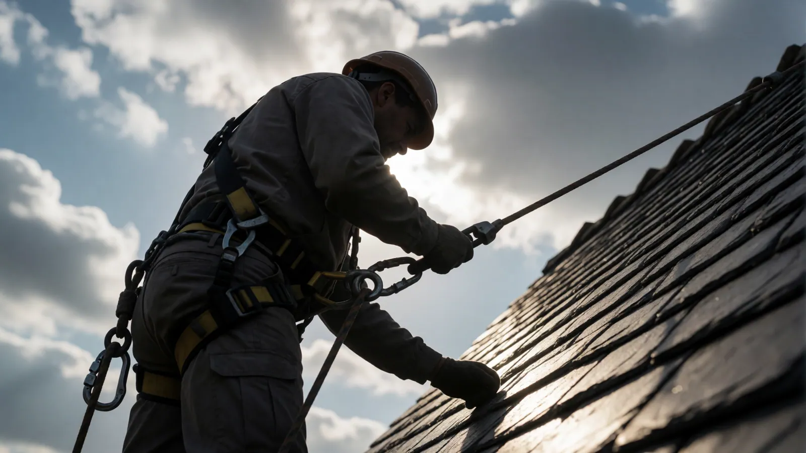 A roofer working in a fall-arrest harness on a steep roof in Queens, NY